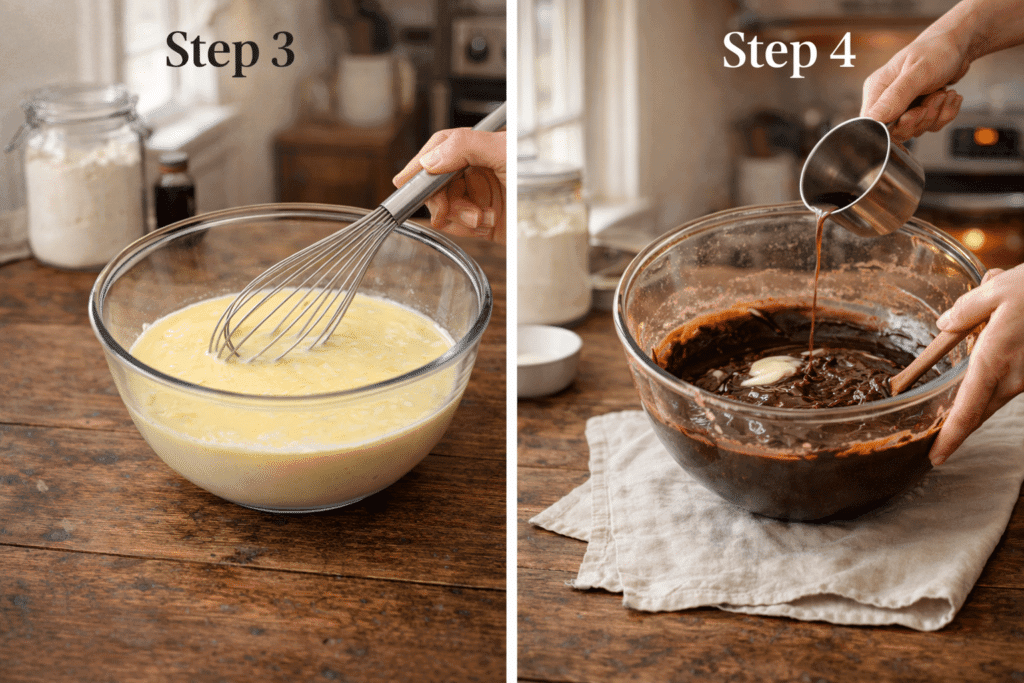 Mixing wet ingredients and creating batter for Classic Chocolate Cake