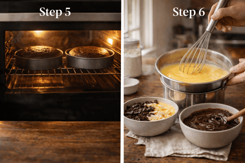 Baking cake layers and preparing mousse for Classic Chocolate Cake