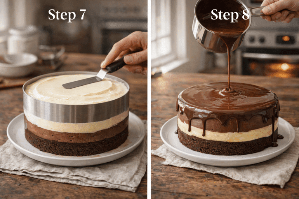 Layering mousse and pouring ganache on Classic Chocolate Cake