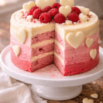 Close-up Valentine Cake with raspberry layers and pink ombre buttercream frosting