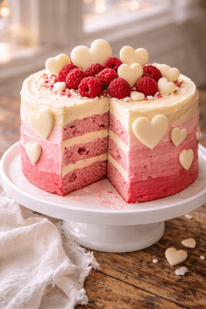 Close-up Valentine Cake with raspberry layers and pink ombre buttercream frosting