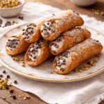 Homemade Cannoli plated on yellow sunburst rim plate
