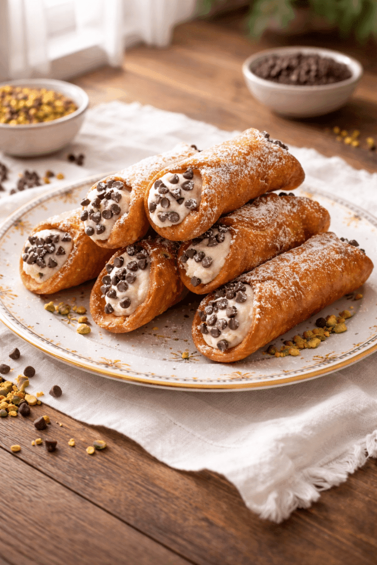 Homemade Cannoli plated on yellow sunburst rim plate