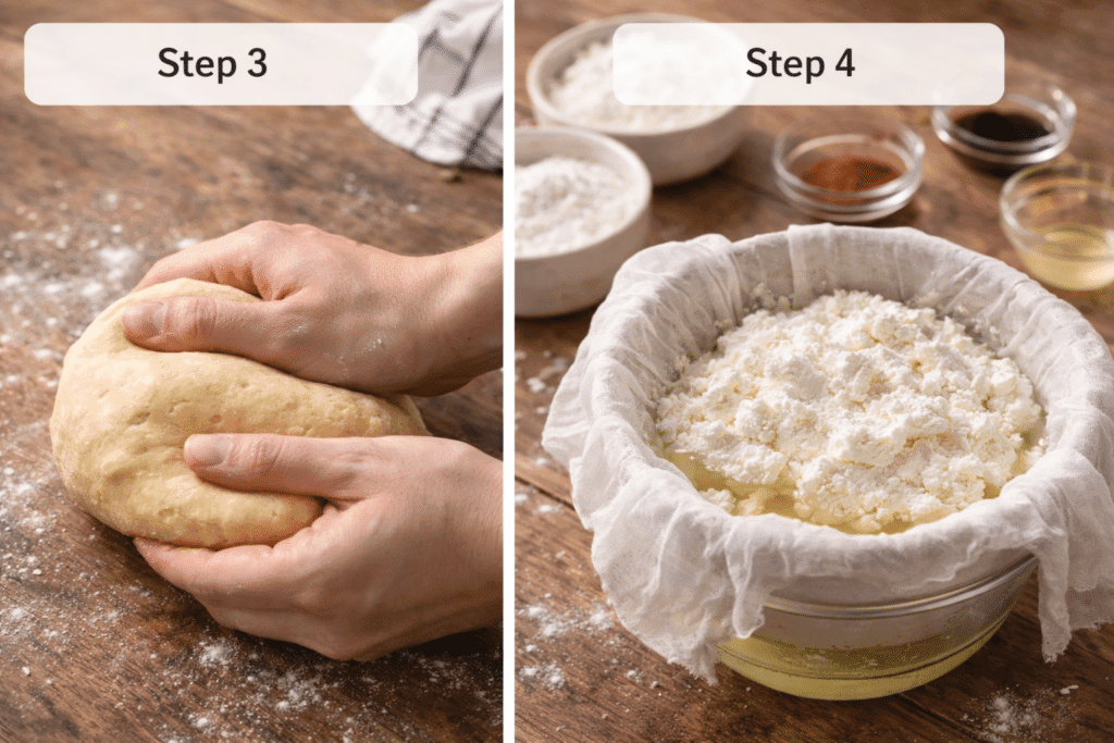 Kneading dough and draining ricotta for Homemade Cannoli