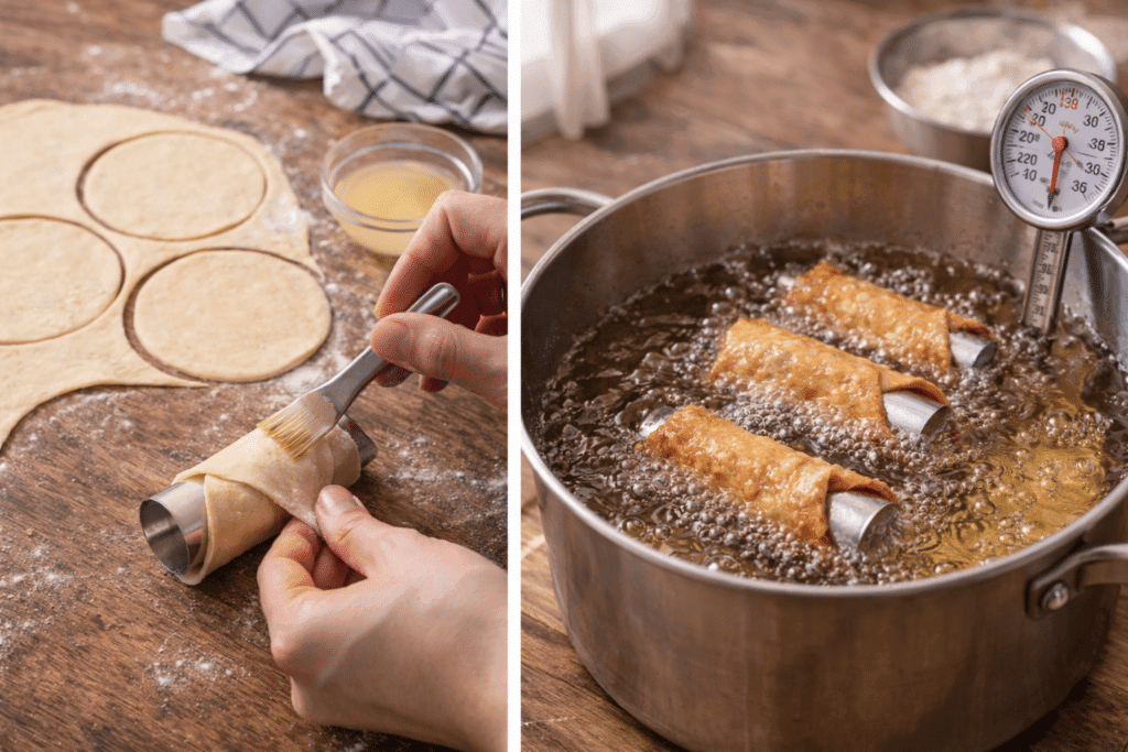 Rolling cannoli dough and frying Homemade Cannoli shells