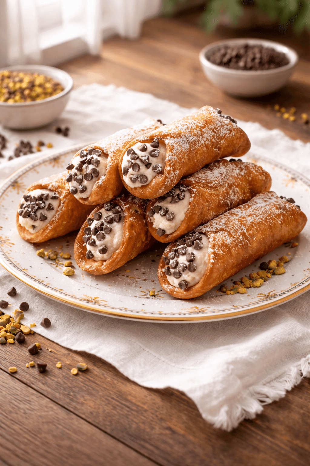 Homemade Cannoli plated on yellow sunburst rim plate