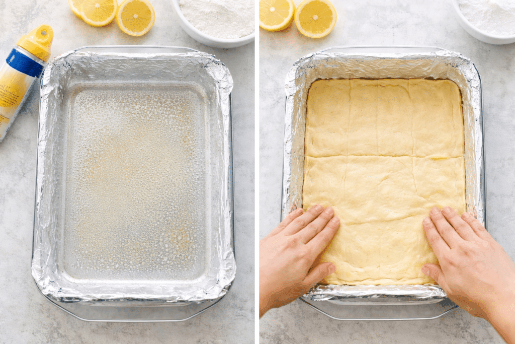 Preparing pan and pressing crescent dough for Lemon Cream Cheese Bars