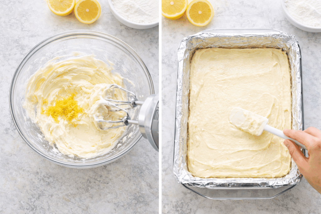 Mixing and spreading filling for Lemon Cream Cheese Bars
