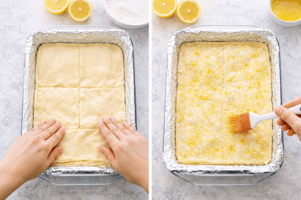 Adding top dough and lemon sugar topping for Lemon Cream Cheese Bars