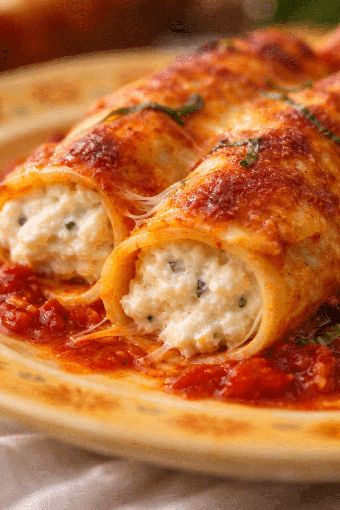 Manicotti close-up showing creamy ricotta filling