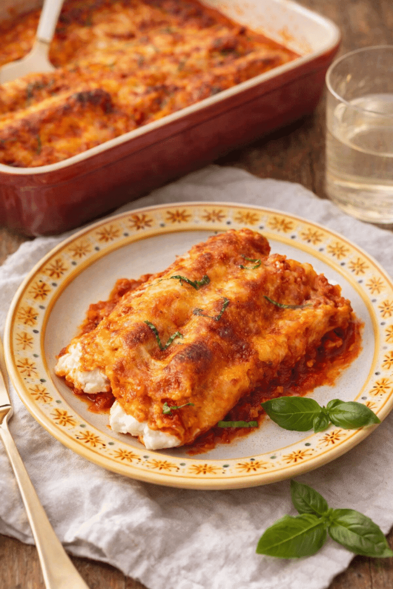 Manicotti baked with creamy ricotta filling and melted cheese