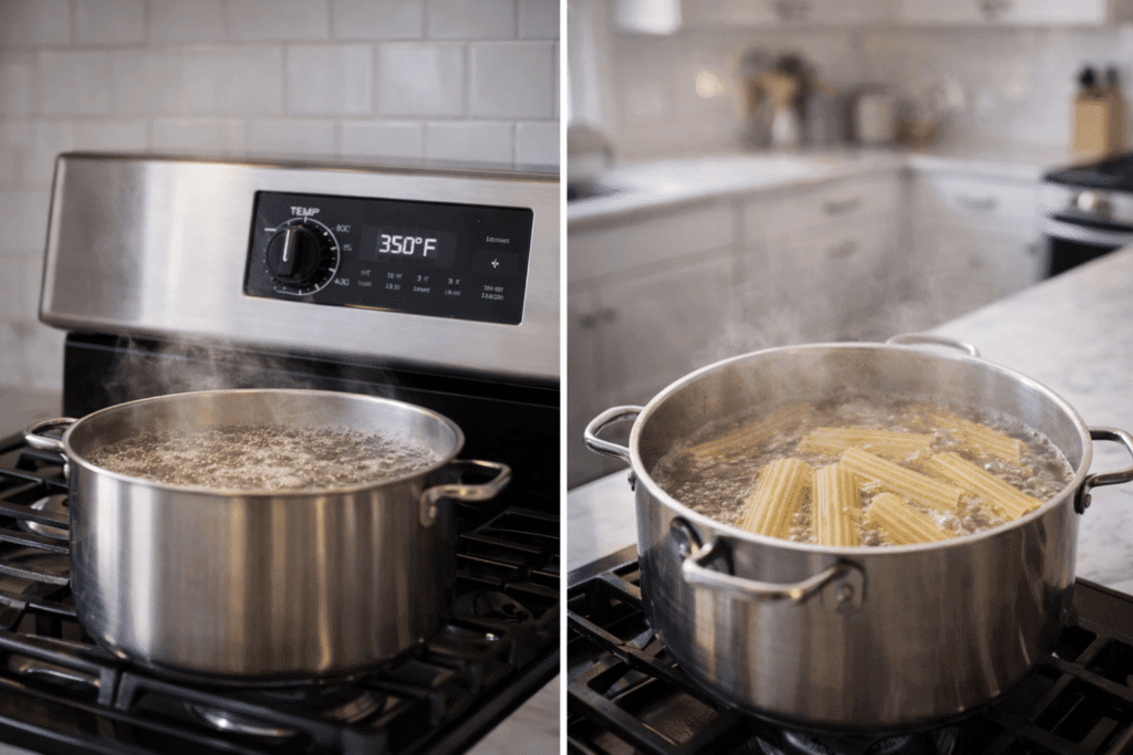 Preheating oven and boiling manicotti pasta shells