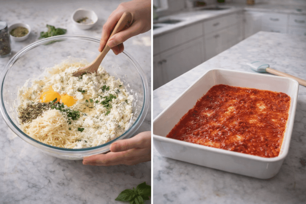 Mixing ricotta filling and spreading marinara for Manicotti