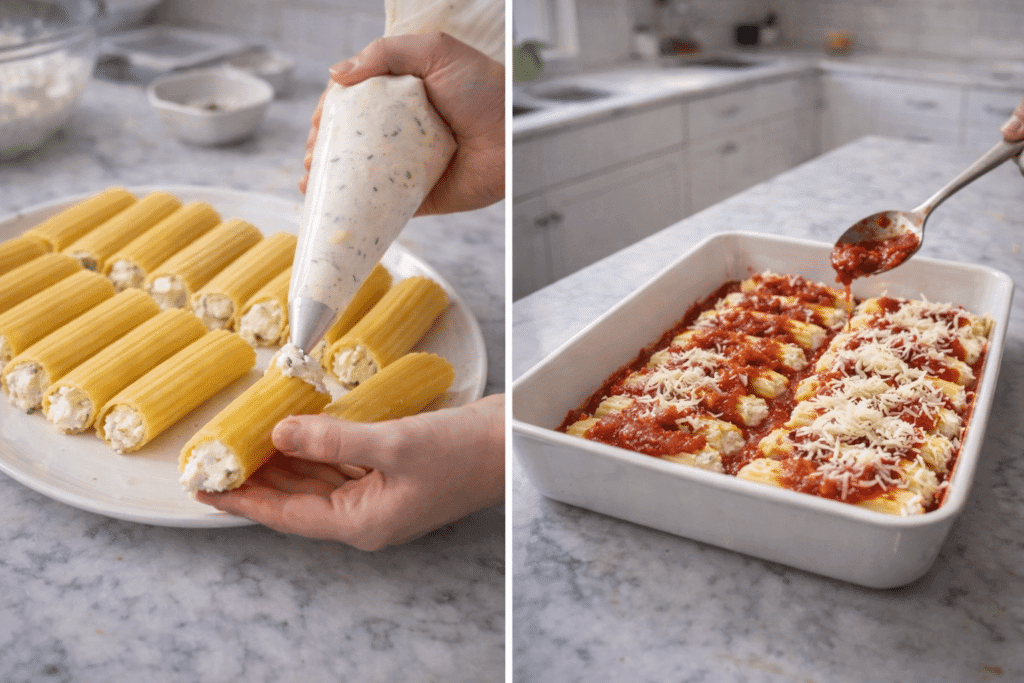 Stuffing manicotti shells and topping with sauce and cheese