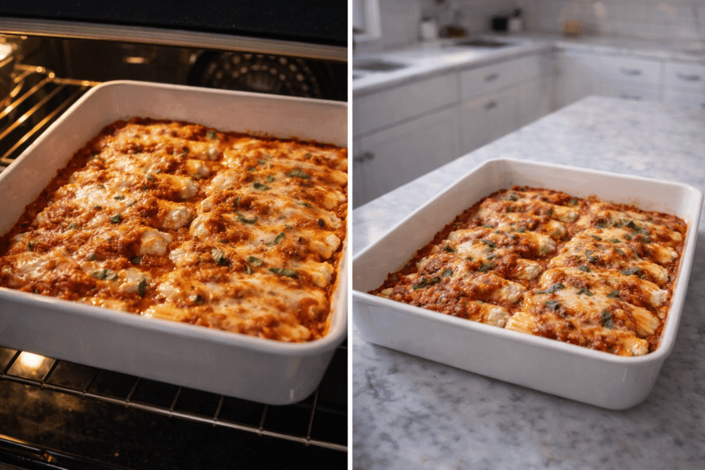 Baking manicotti until bubbly and resting before serving