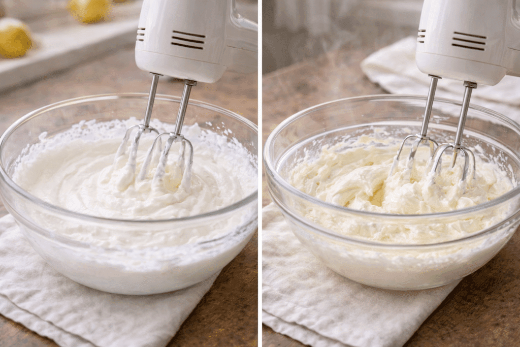 Whipping evaporated milk and beating cream cheese for No Bake Woolworth Cheesecake
