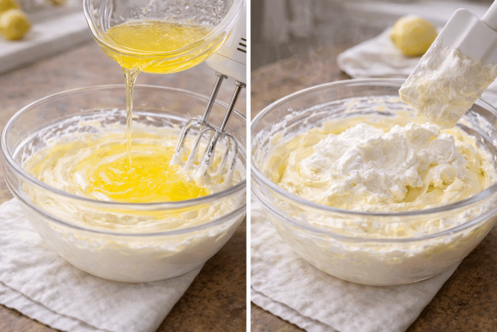 Mixing gelatin into cream cheese and folding whipped milk for No Bake Woolworth Cheesecake