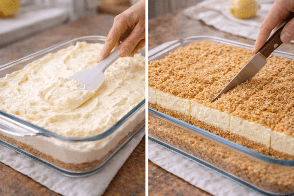 Spreading filling and slicing No Bake Woolworth Cheesecake
