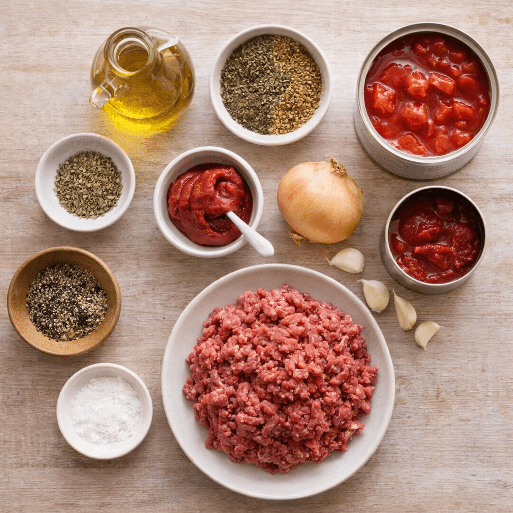 Ingredients for homemade spaghetti sauce arranged on wooden surface