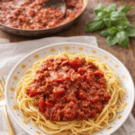Spaghetti Sauce served over pasta with rich tomato and beef texture
