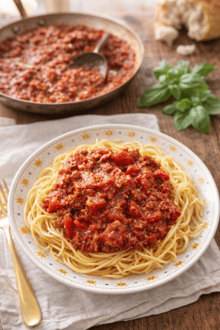 Spaghetti Sauce served over pasta with rich tomato and beef texture