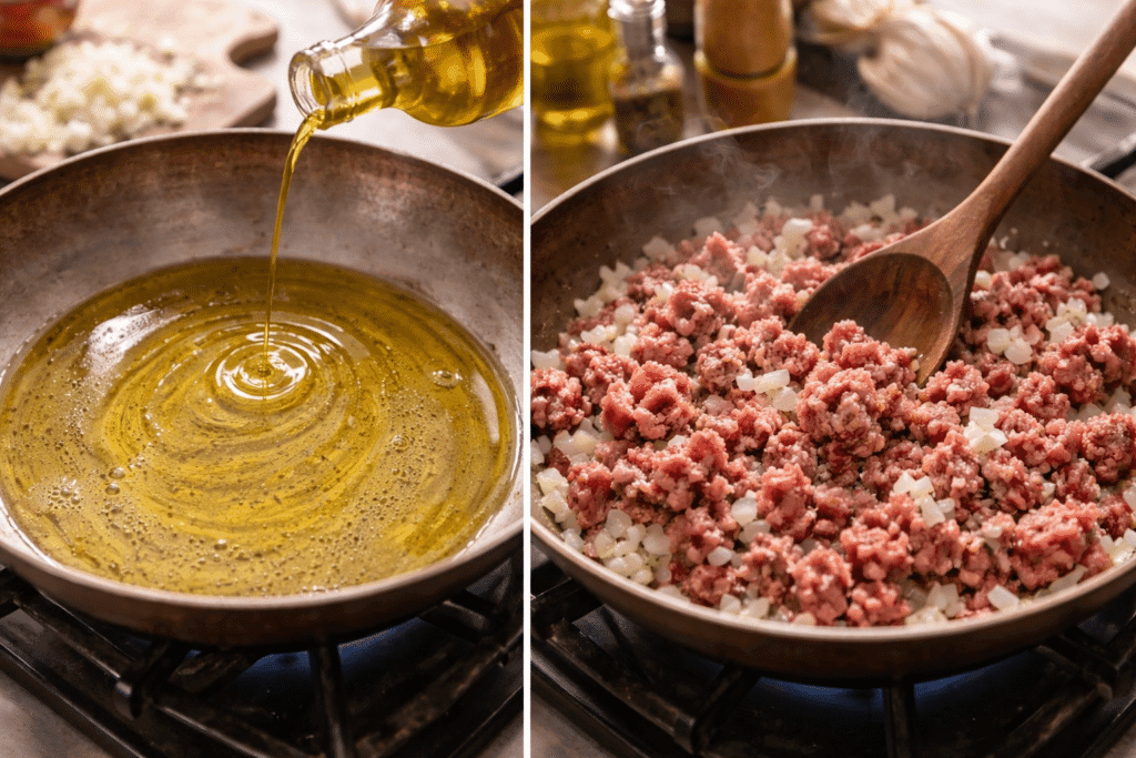 Heating olive oil and browning ground beef with onions for spaghetti sauce