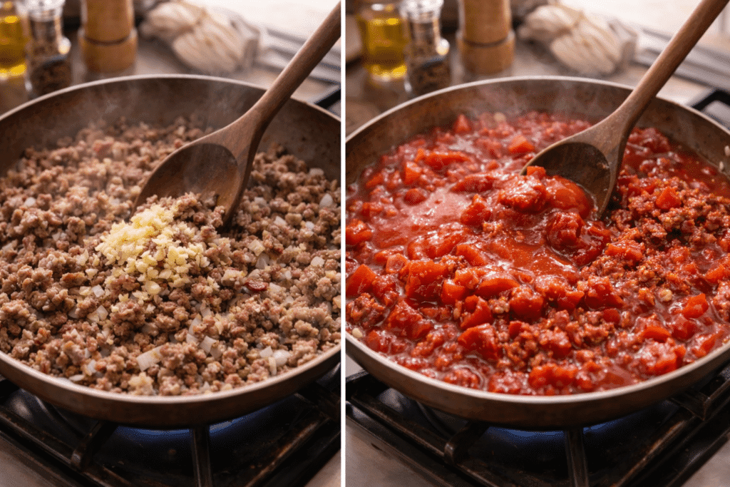 Adding garlic and tomatoes to build spaghetti sauce base