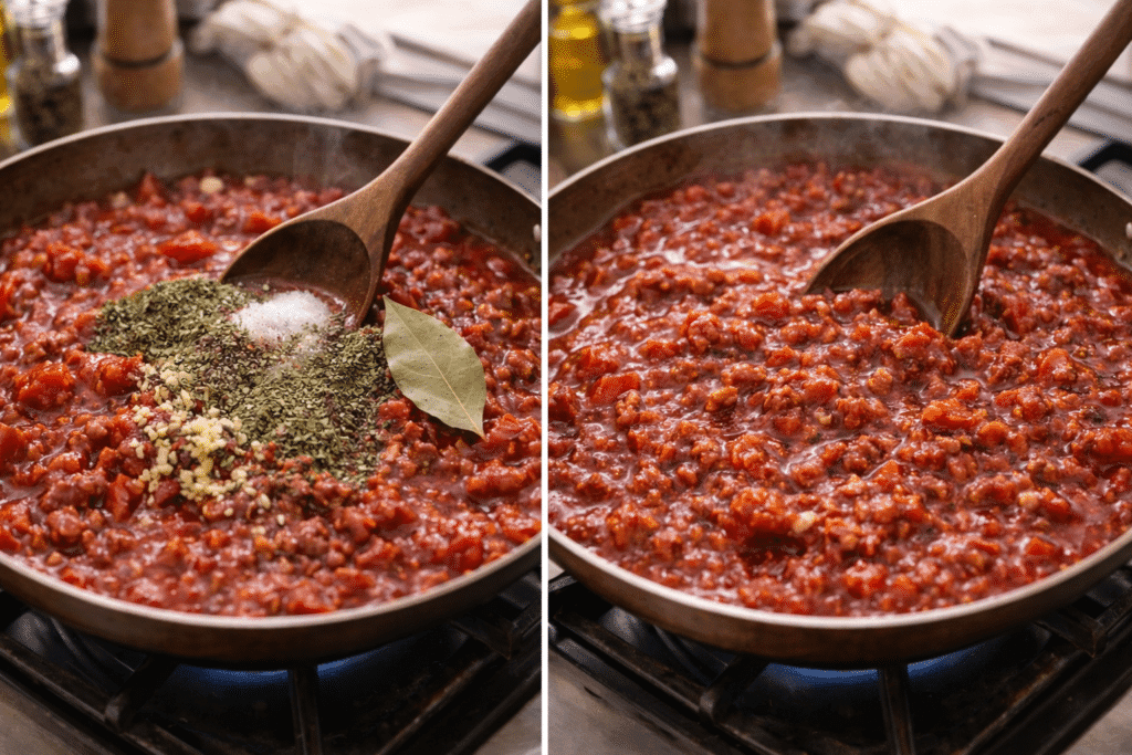 Seasoning spaghetti sauce and bringing it to a gentle simmer