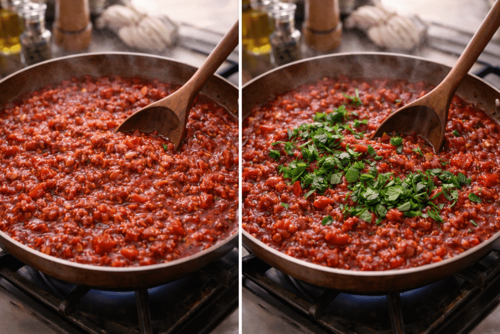 Spaghetti sauce simmered and finished with fresh herbs
