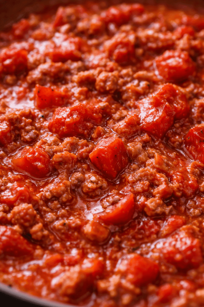 Close-up of thick spaghetti sauce with ground beef and herbs