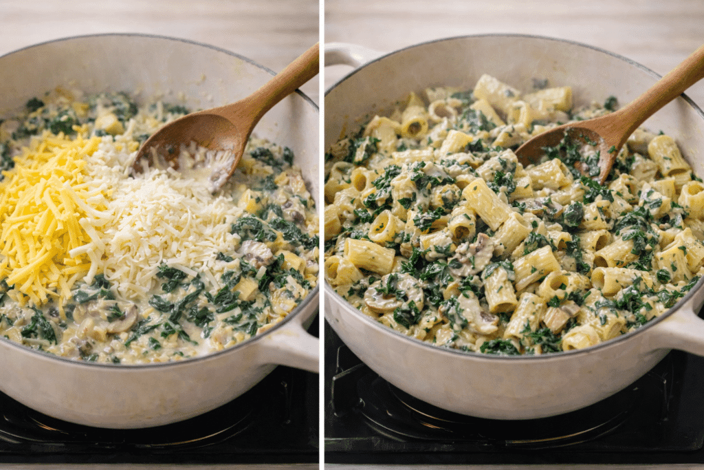Melting cheese and tossing pasta for spinach artichoke pasta
