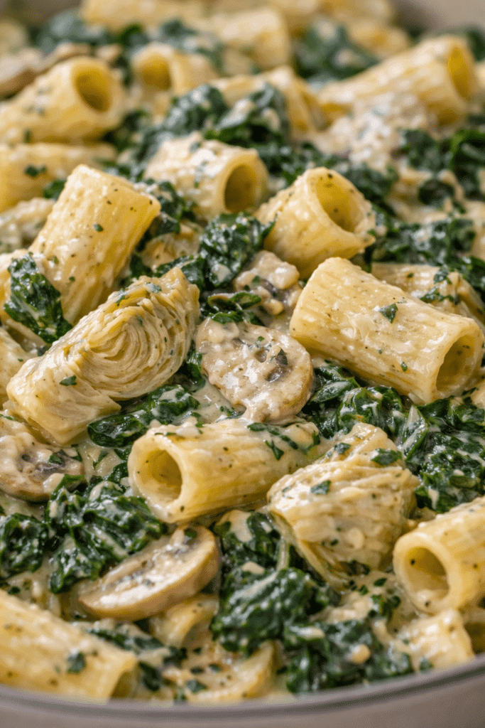 Close-up of creamy spinach artichoke pasta texture