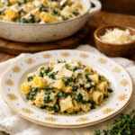 Spinach Artichoke Pasta served creamy and fresh on a yellow plate
