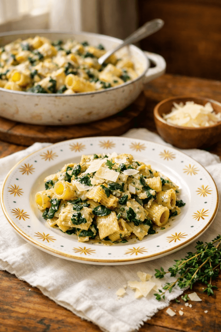 Spinach Artichoke Pasta served creamy and fresh on a yellow plate