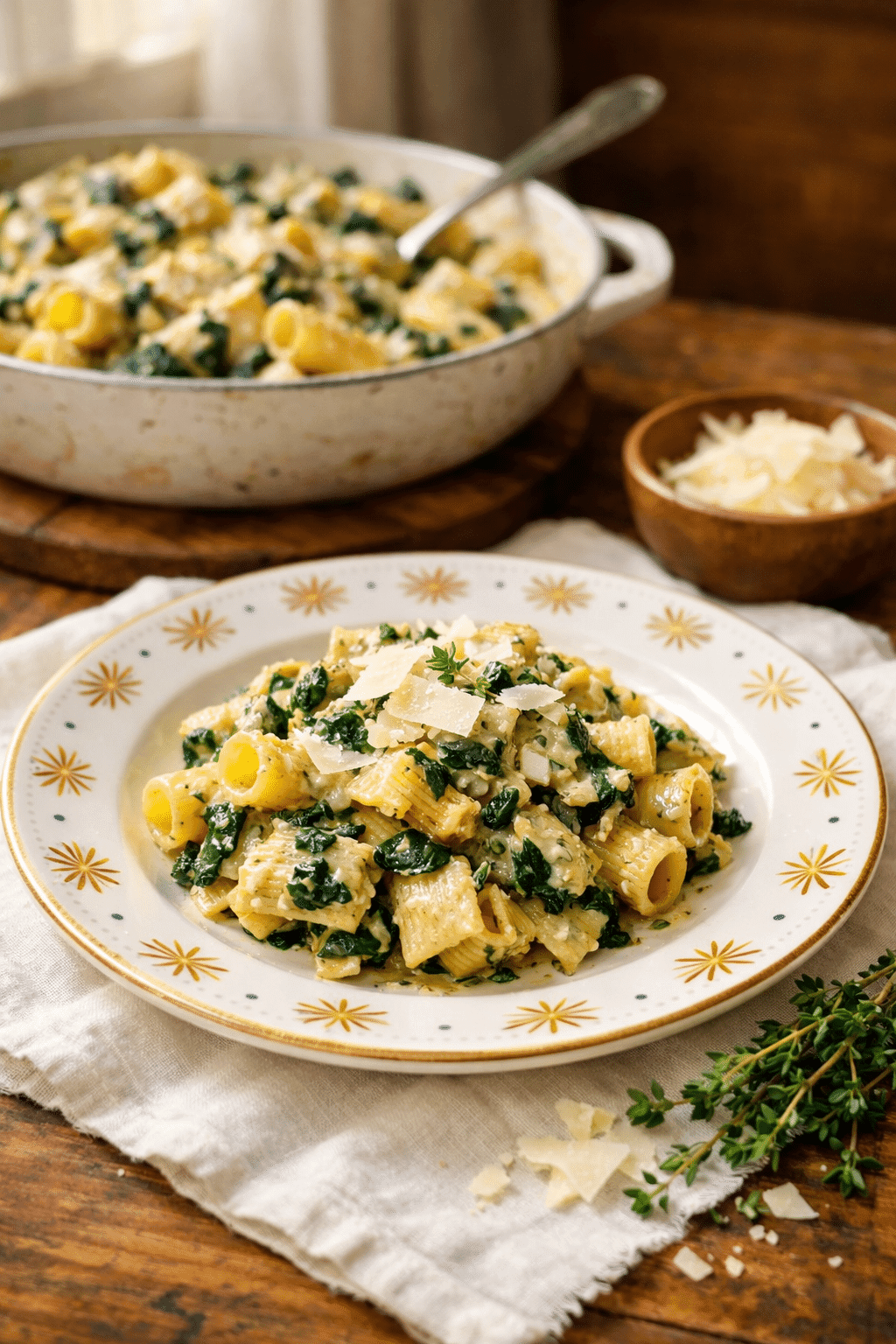 Spinach Artichoke Pasta served creamy and fresh on a yellow plate