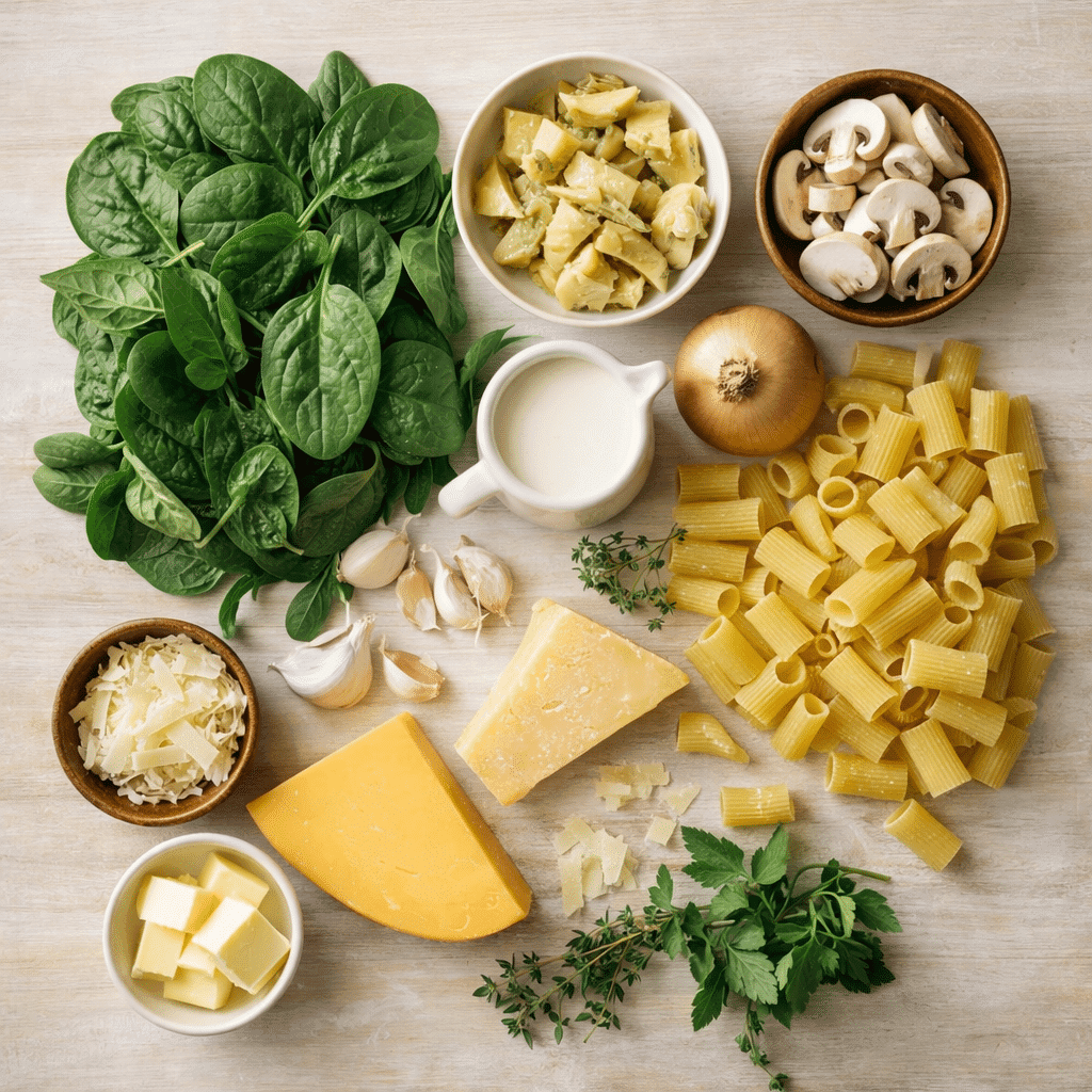 Ingredients for spinach artichoke pasta laid out flat