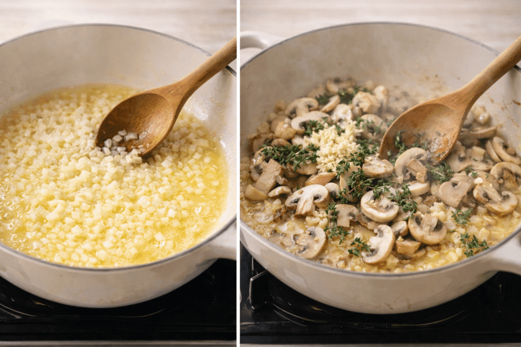 Sautéing onion, garlic, and mushrooms for spinach artichoke pasta
