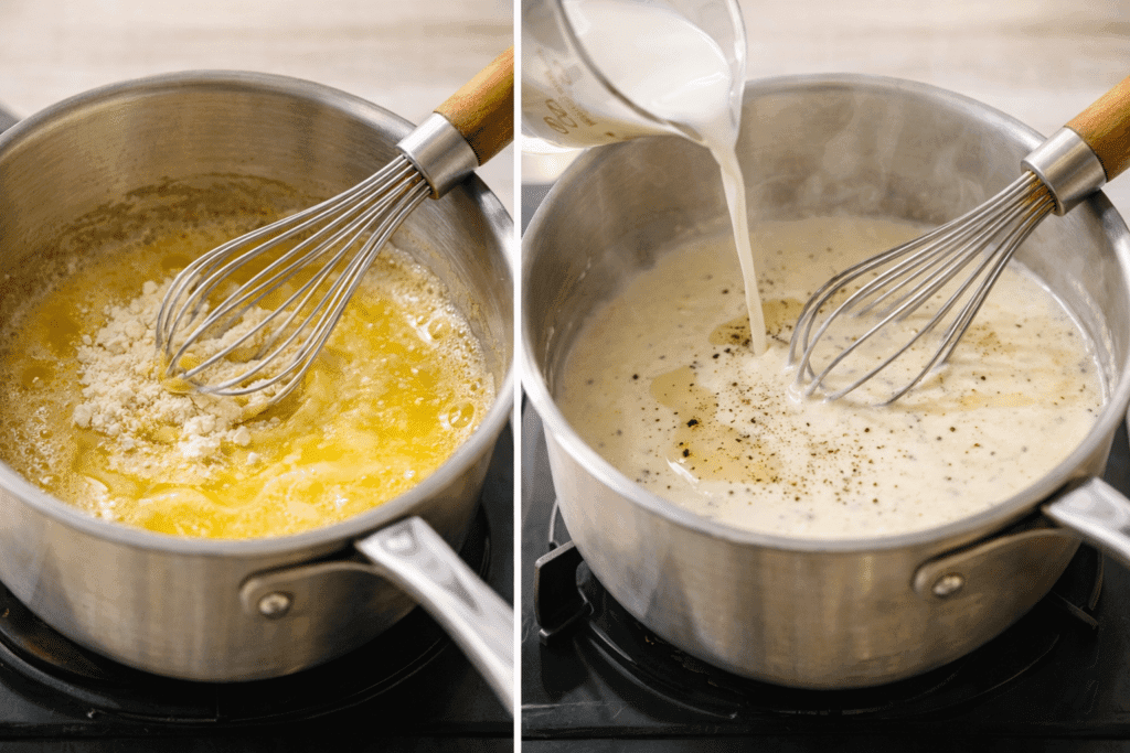Making roux and creamy sauce for spinach artichoke pasta
