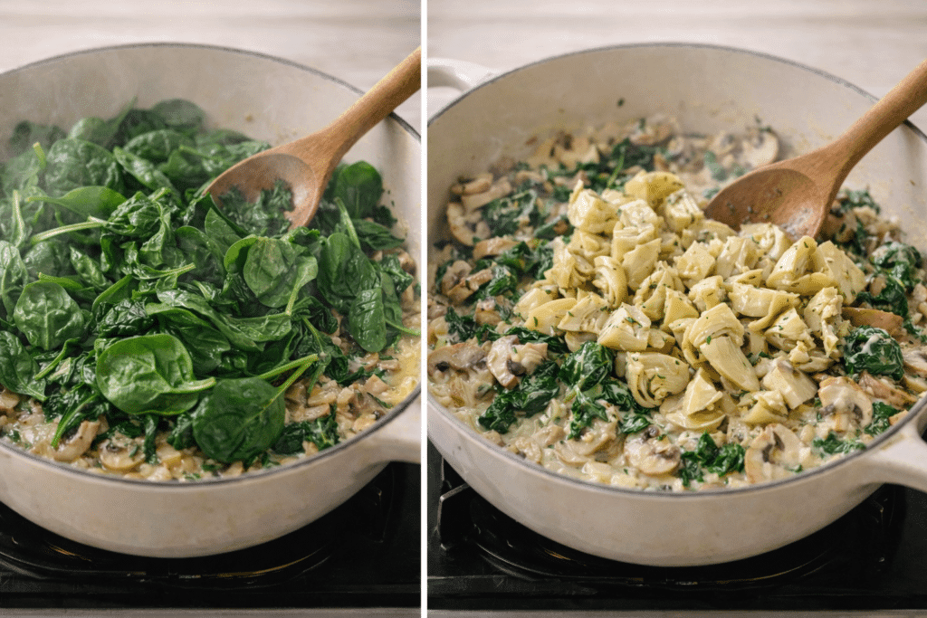Adding spinach and artichokes to spinach artichoke pasta