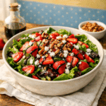 Strawberry Salad Recipe in a large bowl with fresh strawberries and greens
