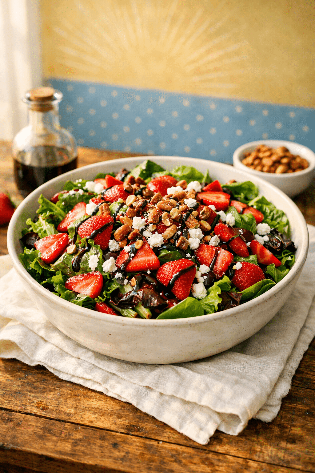 Strawberry Salad Recipe in a large bowl with fresh strawberries and greens
