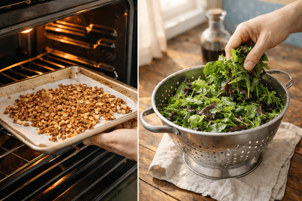 Toasting nuts and preparing greens for Strawberry Salad Recipe
