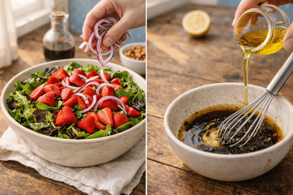 Adding strawberries and making dressing for Strawberry Salad Recipe