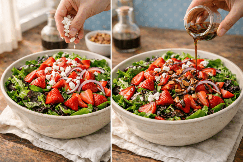 Adding cheese and dressing to Strawberry Salad Recipe