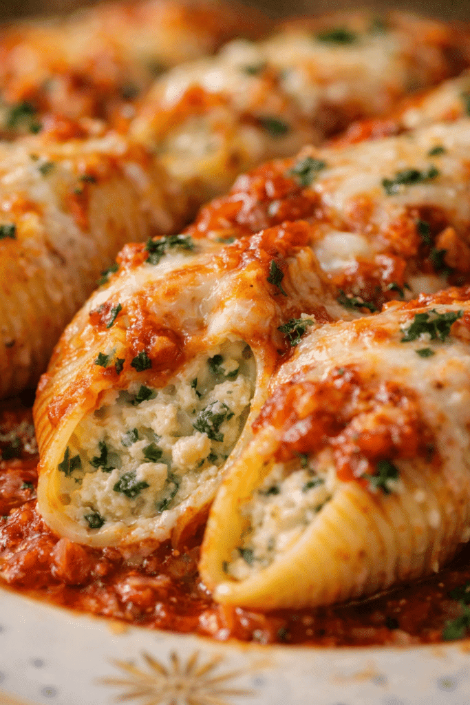 Close-up of stuffed shells showing creamy ricotta filling