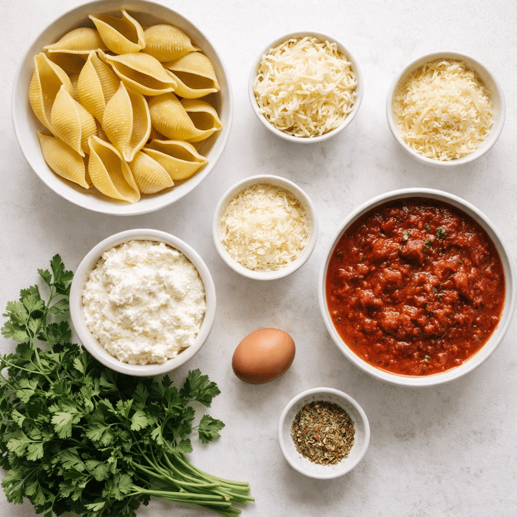 Ingredients for stuffed shells recipe arranged on a table