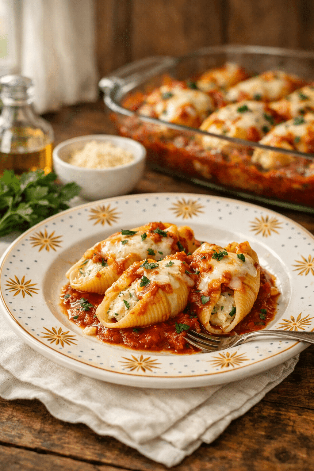 Stuffed Shells recipe baked with ricotta cheese and marinara sauce