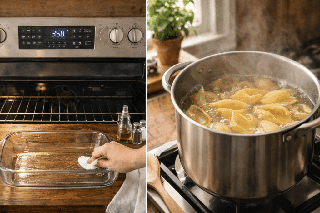 Preheating oven and boiling pasta shells for stuffed shells recipe