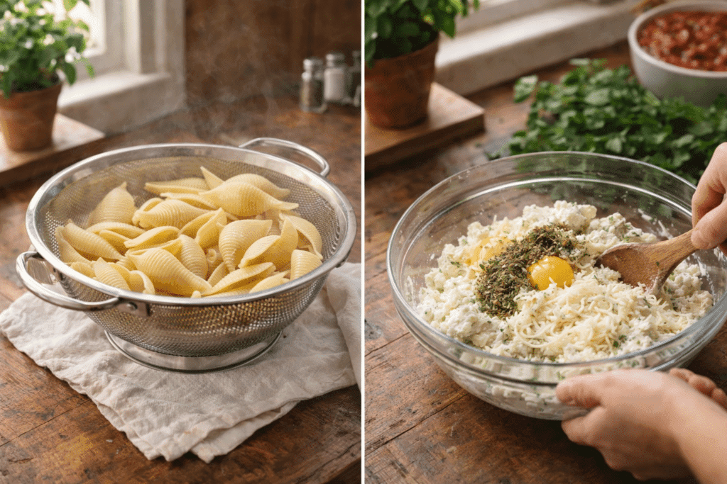 Draining pasta shells and mixing ricotta filling for stuffed shells recipe