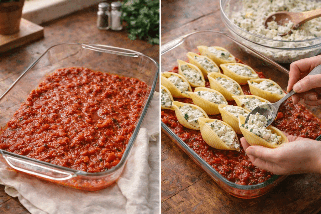 Filling jumbo shells with ricotta and arranging stuffed shells in baking dish